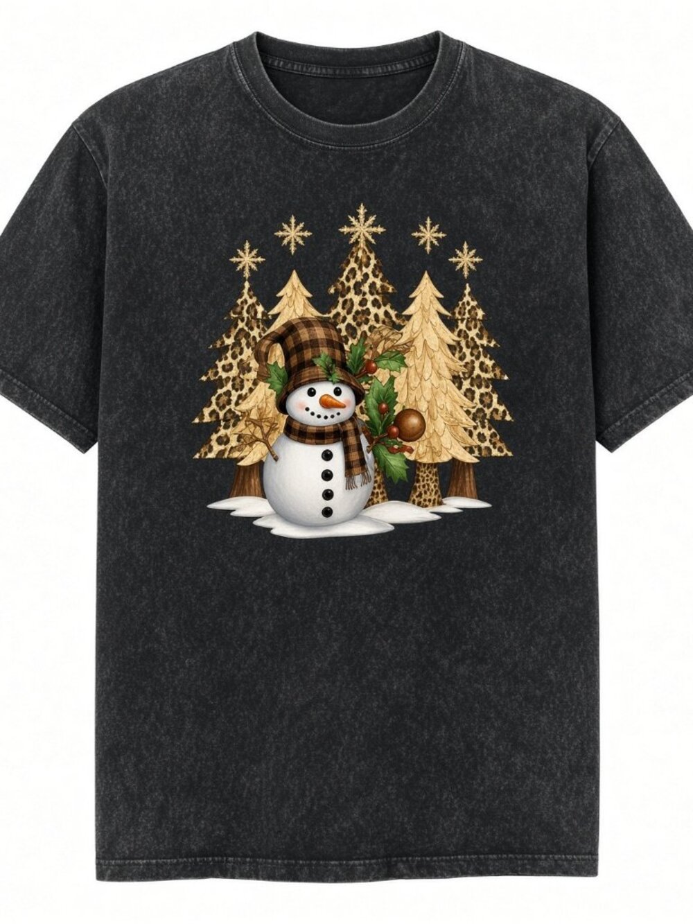 Leopard Snowman Christmas Acid Wash Black Graphic Tee